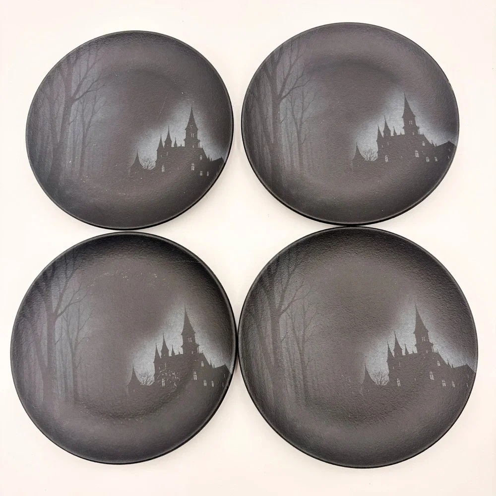 Mesa Brasil Halloween Gothic Haunted Castle Black Matte Salad Plates Set of 4